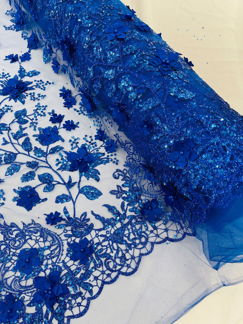 3D Glitter Floral Fabric - Royal Blue - Glitter Sequin Flower Design on Lace Mesh Fabric by Yard