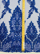 Beaded Floral Fabric - Royal Blue - Luxury Bridal Floral Pattern Fabric With Beads, Sequins Sold By Yard