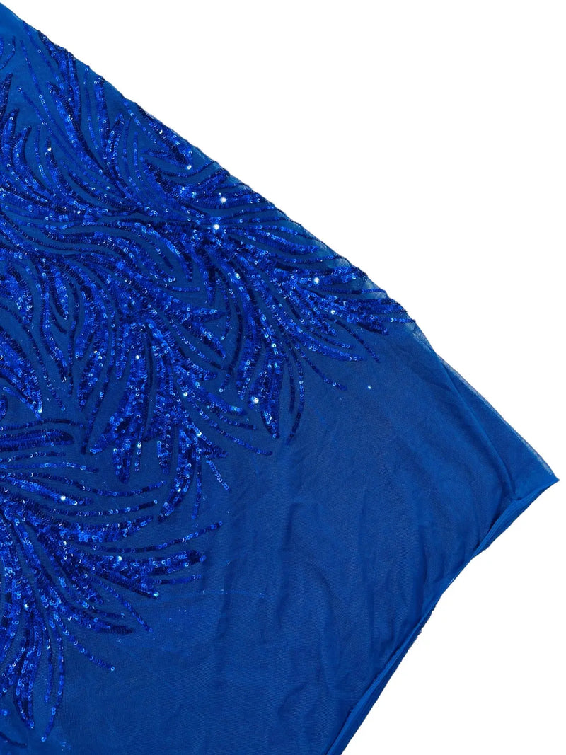 Leaf Stretch Sequins Fabric - Royal Blue - 4 Way Stretch Sequins on Lace Mesh Fabric by Yard