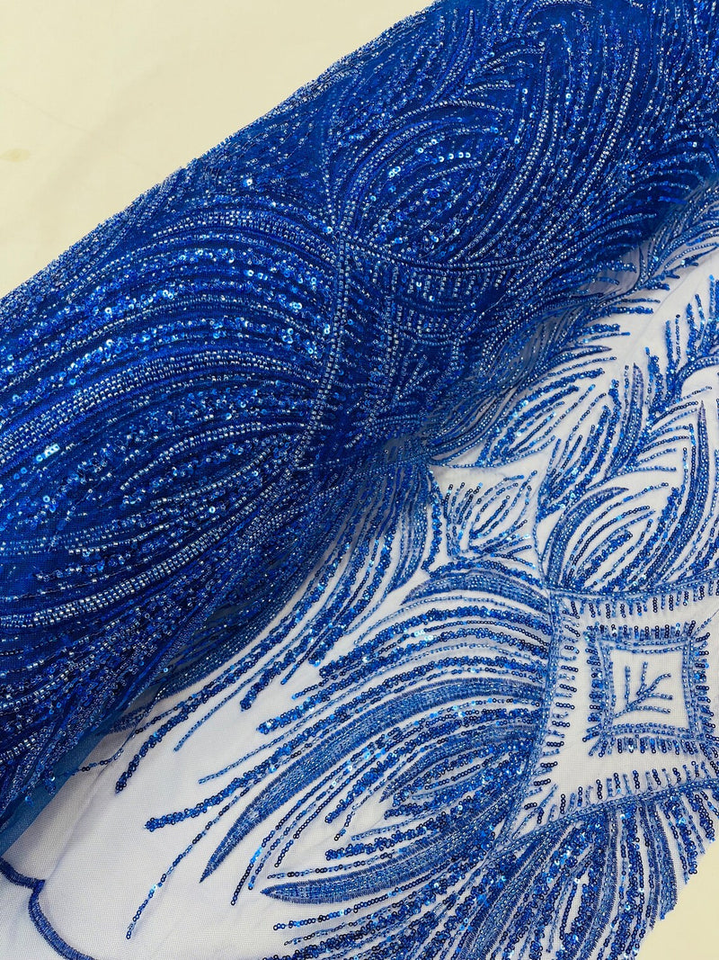 Beaded Line Fabric - Royal Blue - Luxury Bridal Line Pattern Fabric With Beads, Sequins Sold By Yard