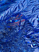 Plant Design Bead Fabric - Royal Blue - Geometric Mirror Bead Handmade Design with Rhinestones By Yard