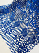 Damask Diamond Net Lace Fabric - Royal Blue - Damask Design Embroidered on Lace Mesh Fabric by Yard