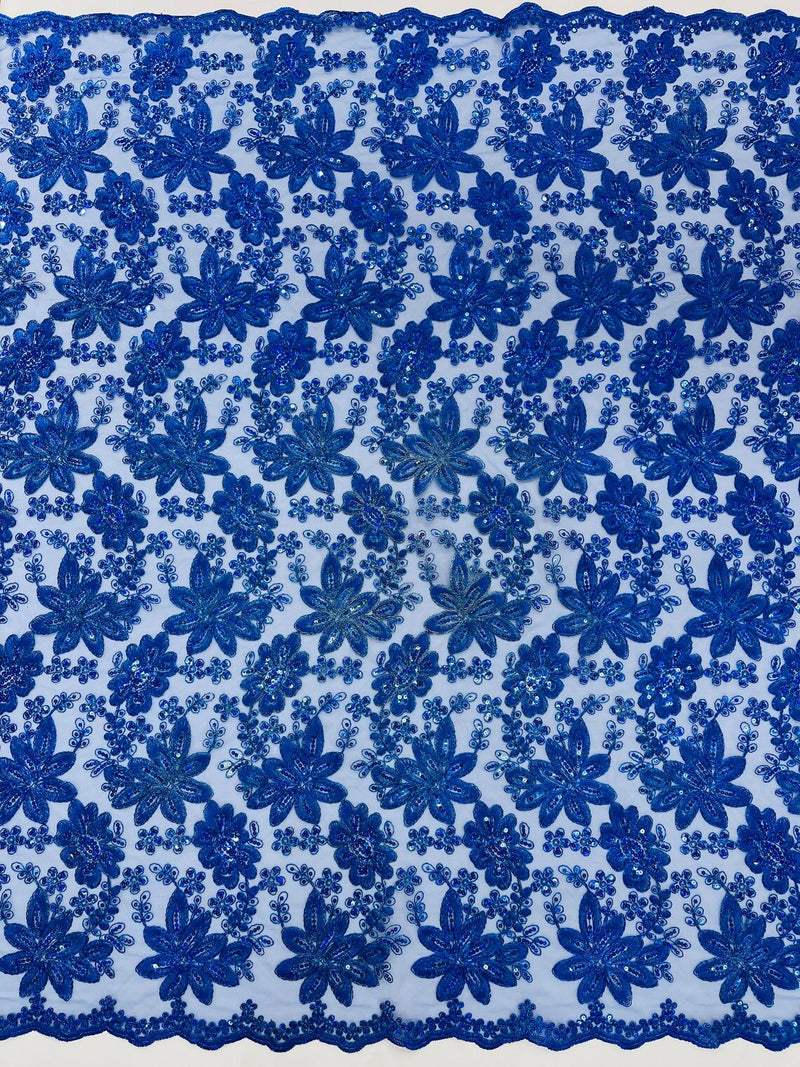 Metallic Floral Lace Fabric - Royal Blue  - Hologram Sequins Floral Metallic Thread Fabric by Yard
