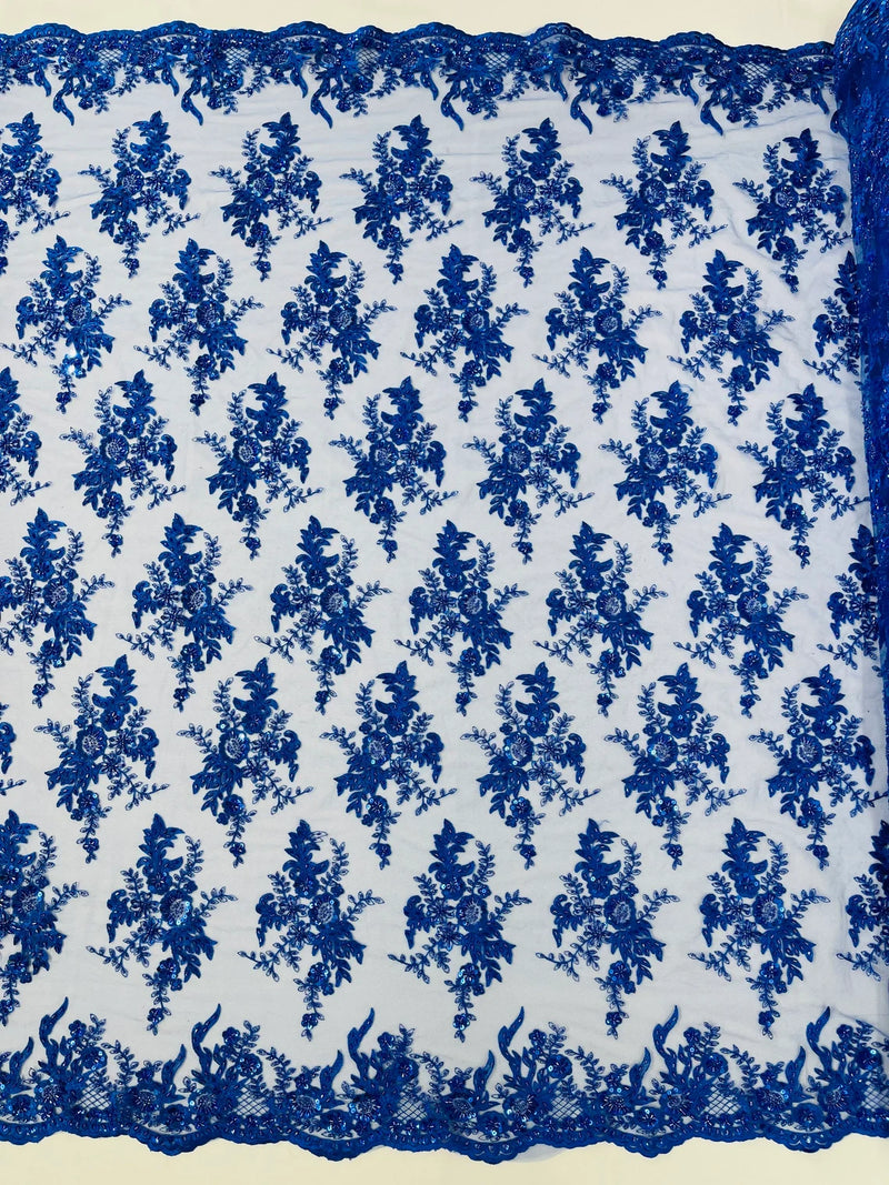 Beaded Sequins Floral Fabric - Royal Blue - Embroidered Beaded Floral Clusters Sequins Fabric By Yard
