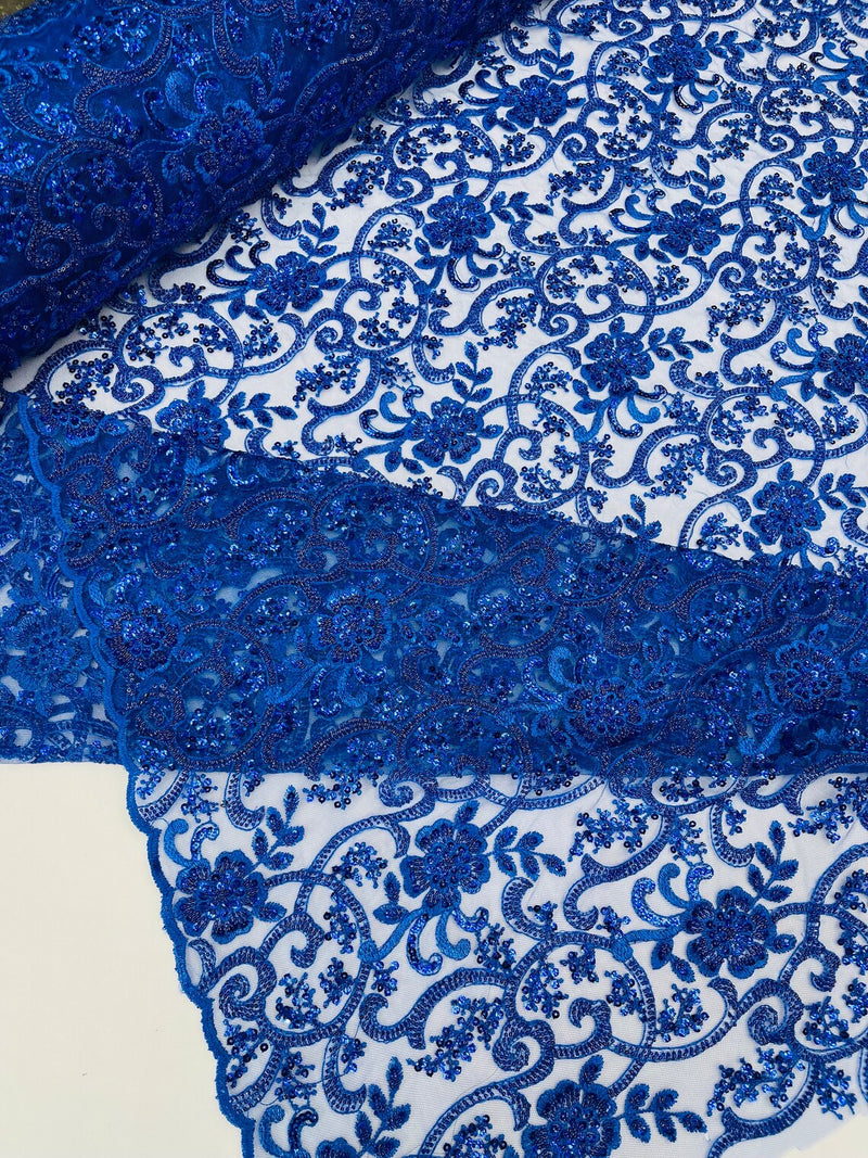 Embroidery Beaded Fabric - Royal Blue - Beaded Floral Bridal Embroidery Fabric Sold by the yard