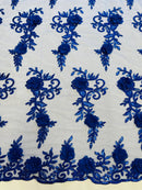 3D Floral Cluster with Border Lace - Royal Blue - Flower with Leaves Design 3D Fabrics Sold By Yard
