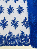 Flower Lace Sequins Fabric - Royal Blue - Embroidered Floral Pattern Fabric with Sequins on Lace By Yard