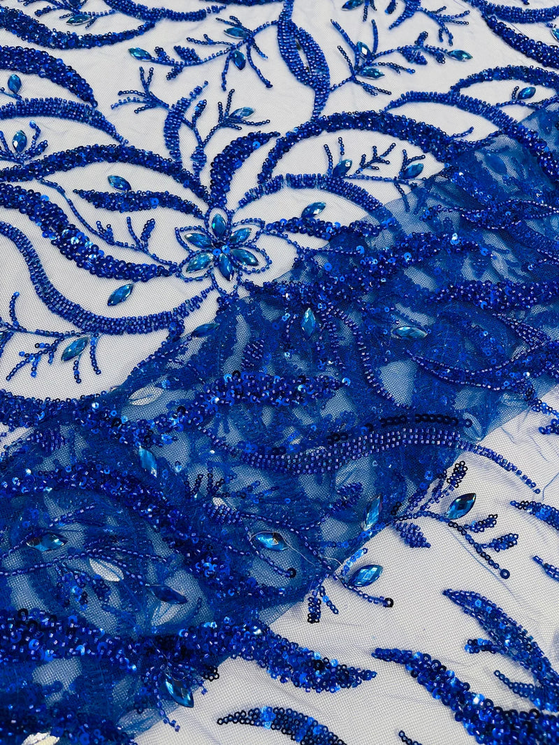 Floral & Leaf Pattern Bead Fabric - Royal Blue - Embroidered Beaded Rhinestone on a Mesh, Sold By Yard