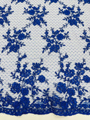 Floral Cluster Corded Fabric - Royal Blue - Fancy Flower Embroidery Lace Mesh Fabric By Yard