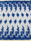 Rose Beaded Sequin Fabric - Royal Blue - Embroidered Floral Pattern with Beads and Sequins By Yard