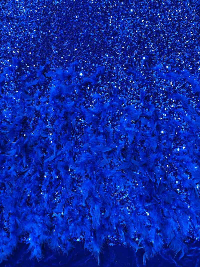Feather Sequin Velvet Fabric - Royal Blue - 5mm Sequins Velvet 2 Way Stretch 58/60" Fabric By Yard