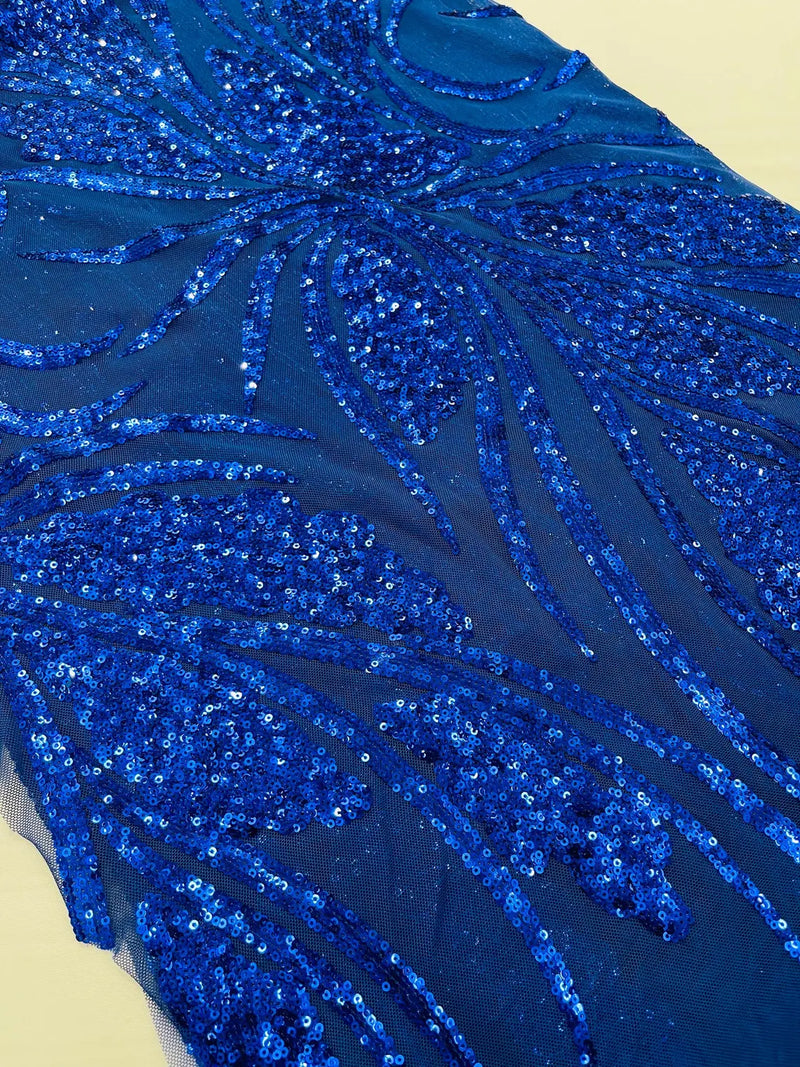 Wavy Leaf Design Fabric - Royal Blue - 4 Way Stretch Sequins Lace Mesh Leaf Design Fabric by Yard