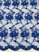 Jasmine Flower Fabric - Royal Blue - Embroidered Floral Design Lace Mesh Bridal Fabric By Yard