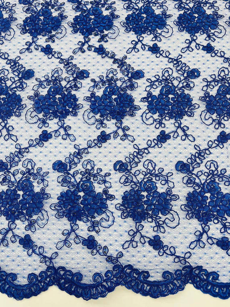 Jasmine Flower Fabric - Royal Blue - Embroidered Floral Design Lace Mesh Bridal Fabric By Yard