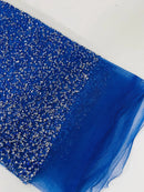 Rhinestone Glitter Mesh Fabric - Royal Blue - Shiny Glitter Mesh Rhinestone Detail Fabric by Yard