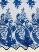 Metallic Paisley Floral Lace - Royal Blue - Corded Floral Lace with Metallic Thread on Mesh By Yard