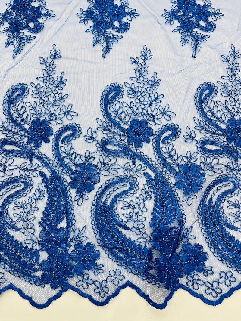 Metallic Paisley Floral Lace - Royal Blue - Corded Floral Lace with Metallic Thread on Mesh By Yard