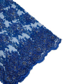 Beaded Rhinestone Fabric - Royal Blue - Floral Rhinestone Beaded Design with Fancy Border Sold By Yard