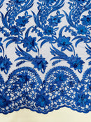 3D Floral Leaf Line Panels - Royal Blue - 3D Embroidered Flower Lines with Pearls on Lace By Yard