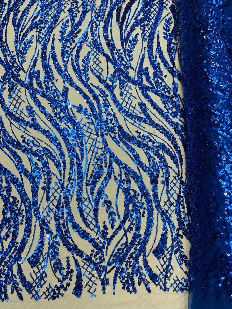 Wavy Floral Beaded Fabric - Royal Blue  - Geometric Beaded Sequins Embroidered Fabric Sold By Yard