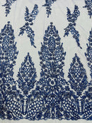 Fancy Rhinestone Glitter Fabric - Royal Blue - Embroidered Damask Design Glitter Mesh Fabric by Yard