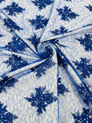 Floral Damask Corded Fabric - Royal Blue - Embroidered Floral Design with Damask Border By Yard
