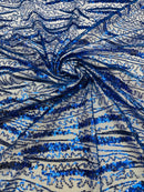Wavy Leaf Lines Fabric - Royal Blue - Beaded Sequins Leaf Pattern Embroidered On Mesh By Yard