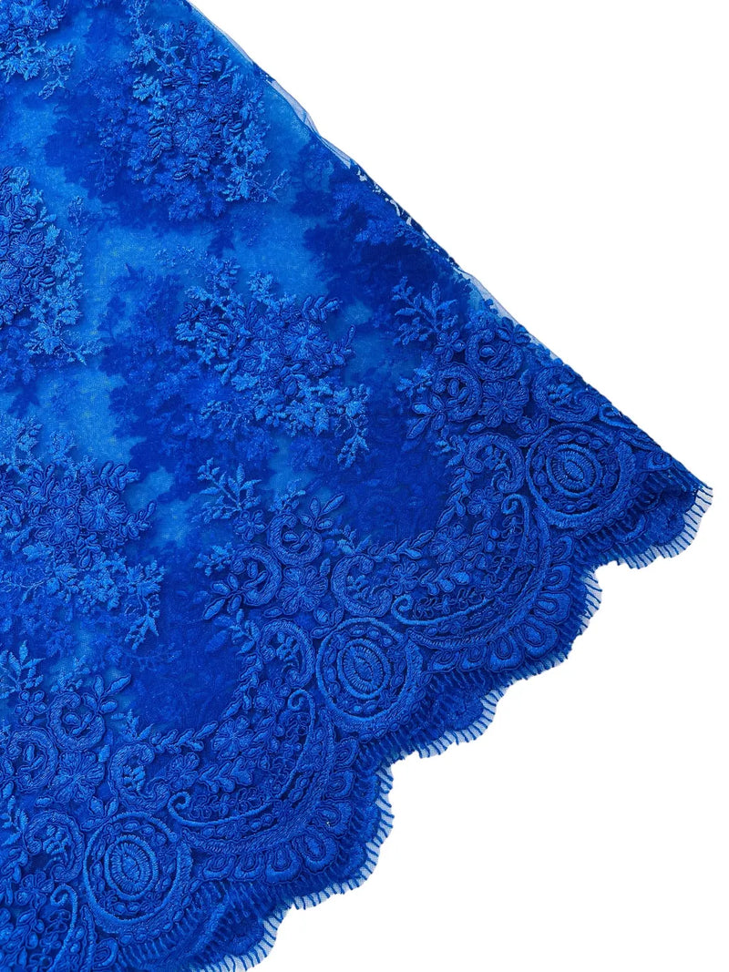 Damask Flower Lace Fabric - Royal Blue - Damask Flowers Embroidered on Lace Fabric By Yard