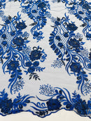 Two Tone Lace Floral Fabric - Royal Blue - Flower and Fish Designs Corded on Sequins Lace By Yard