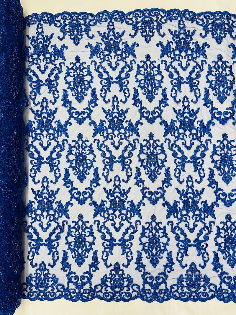 Beaded Butterfly Pattern Fabric - Royal Blue - Damask Fancy Bead Sequins Fabric Sold by Yard