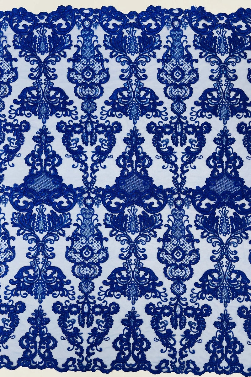 King Lace Design Fabric - Royal Blue - King Design with Sequins Embroidered On Mesh By Yard