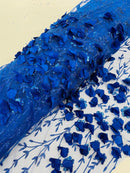 3D Glitter Floral Fabric - Royal Blue - Floral Line Glitter Designs on Mesh Fabric Sold By Yard