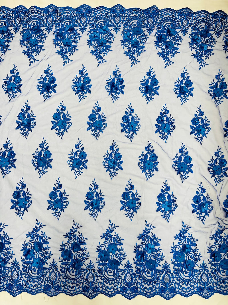 3D Floral Fabric with Pearls - Royal Blue - Embroidered Flower and Leaf Patterns on Lace Fabric by Yard