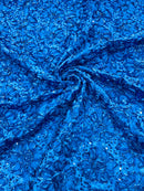 Sequins Satin Rosette Fabric - Royal Blue - 3D Satin Rose Sequins Floral Fabric Sold By The Yard
