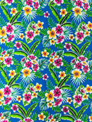 Hawaiian Floral Print Fabric - Royal Blue - 45" Plumeria Tropical Flower Cotton Fabric by Yard