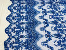 Damask Beaded Glam Fabric - Royal Blue - Embroidery Beaded Fabric with Round Beads Sold By The Yard
