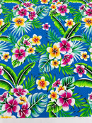 Hawaiian Floral Print Fabric - Royal Blue - 45" Plumeria Tropical Flower Cotton Fabric by Yard