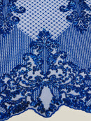 King Damask Lace Fabric - Royal Blue - Corded Embroidery with Sequins on Mesh Lace Fabric By Yard