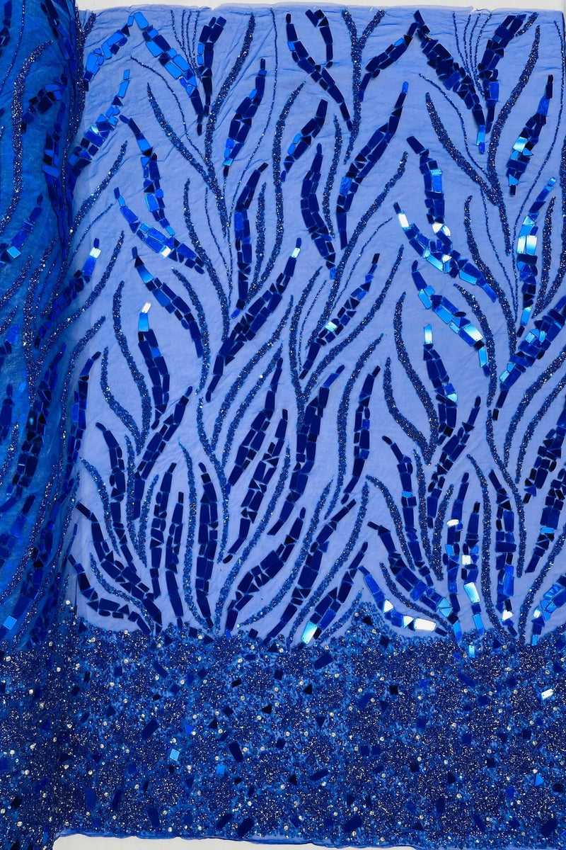 Plant Design Bead Fabric - Royal Blue - Geometric Mirror Bead Handmade Design with Rhinestones By Yard