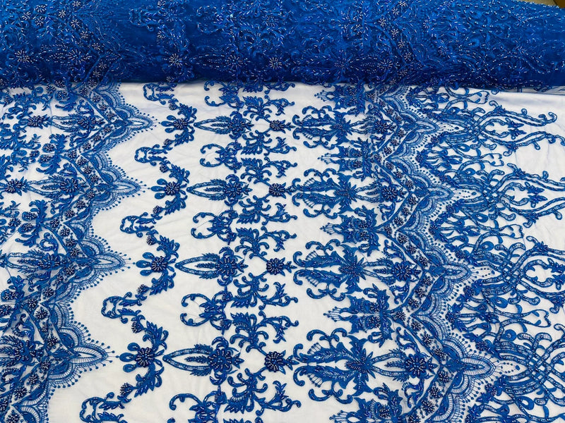 Damask Beaded Glam Fabric - Royal Blue - Embroidery Beaded Fabric with Round Beads Sold By The Yard