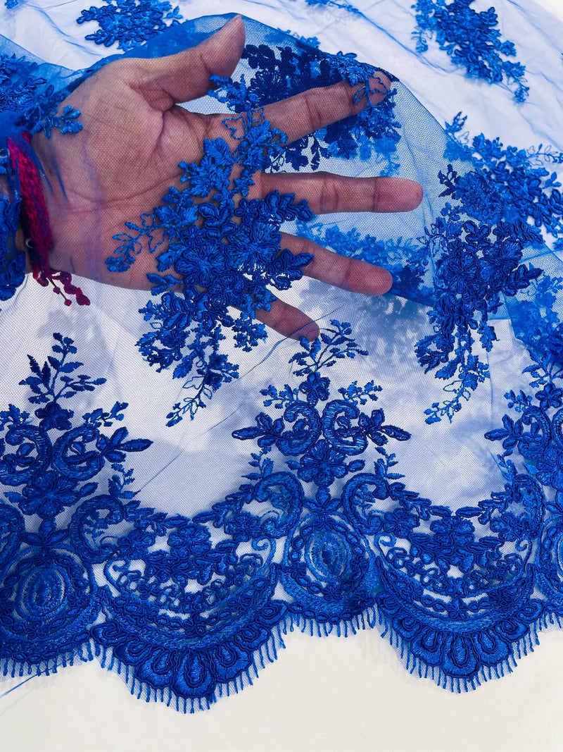 Damask Flower Lace Fabric - Royal Blue - Damask Flowers Embroidered on Lace Fabric By Yard