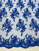 Beaded Sequins Floral Fabric - Royal Blue - Embroidered Beaded Floral Clusters Sequins Fabric By Yard