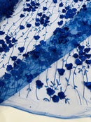 3D Floral Glitter Fabric - Royal Blue - 3D Sequins and Glitter Floral Design on Mesh Sold By Yard