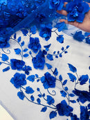 3D Orquidia Floral Lace - Royal Blue - Beautiful Orchid Flower Fabric on Mesh by Yard