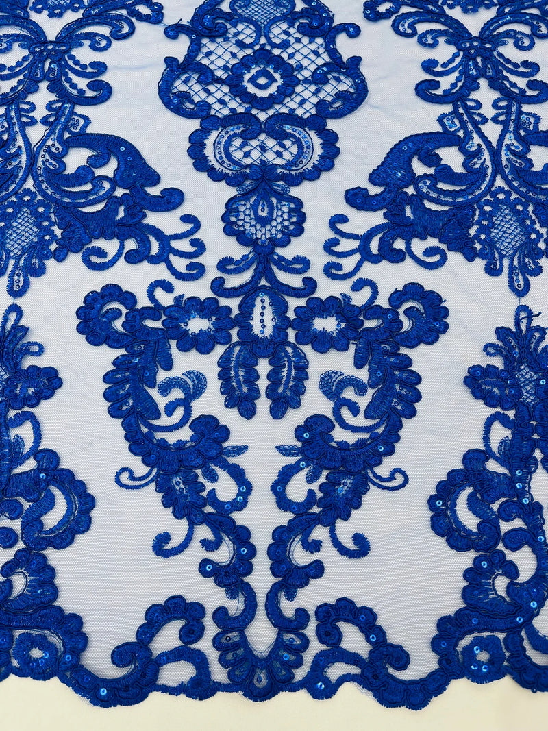 King Lace Design Fabric - Royal Blue - King Design with Sequins Embroidered On Mesh By Yard