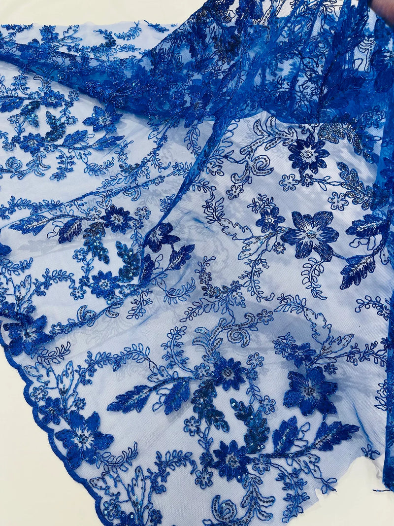 Flower Metallic Lace Fabric - Royal Blue - Corded Floral Sequins Design Fabric Embroidered on Lace by Yard