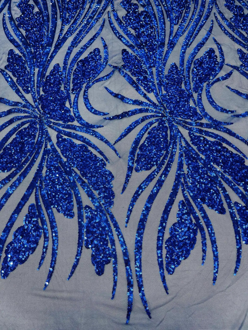 Wavy Leaf Design Fabric - Royal Blue - 4 Way Stretch Sequins Lace Mesh Leaf Design Fabric by Yard