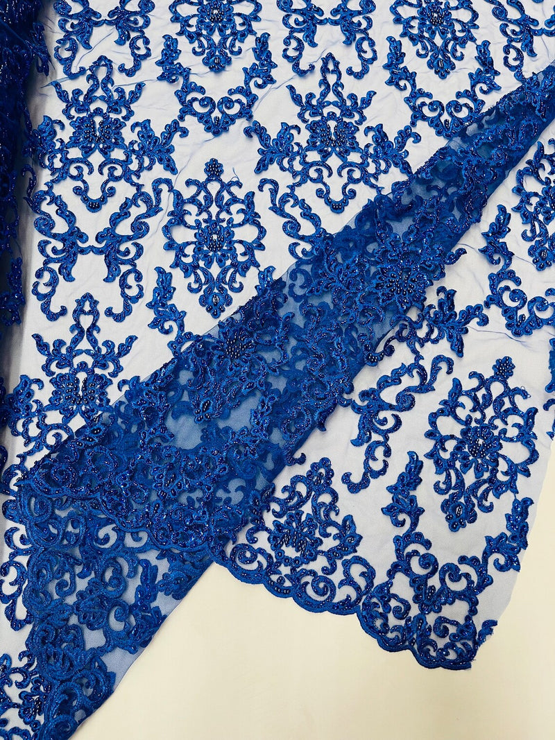 Beaded Butterfly Pattern Fabric - Royal Blue - Damask Fancy Bead Sequins Fabric Sold by Yard