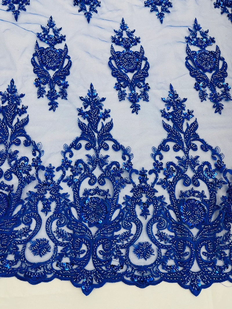 Embroidered Bead Fabric - Royal Blue - Floral Damask Bead Bridal Lace Fabric by the yard