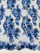 Two Tone Lace Floral Fabric - Royal Blue - Flower and Fish Designs Corded on Sequins Lace By Yard
